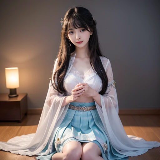 best quality, Delicate face,beautiful visual work, lifelike, eternity, black hair, Long curly hair, blunt bangs, Smile, Detailed Background, Delicate face,blush,cold,((masterpiece))、(top quality)、8k、high detail、Super detailed,21 years old female,身穿唐制Hanfu、waist skirt, Clothes are light and fluffy,Hanfu, wide sleeves, Transparent sleeves, Tunic, Clothes made of chiffon, Seductive and whimsical style、masterpiece、born、Scenes resembling fairy tale illustrations、intricate details和複雜的設計、Beautifully、magic、capricious、 Beautifully、Dream aesthetics、「𝓡𝓸𝓶𝓪𝓷𝓽𝓲𝓬、ethereal、charming、fickle、magic」、realism、Visual effects、FXAA、SSAO、Shader、voiceless、ambient lighting、Tone mapping、High resolution、Ultra high quality、Million pixels、(8K resolution:1.10)、8k、8k以下、8K resolution、high detail、intricate details, (high quality:1.2、masterpiece:1.2、:1.21)、(21 years old female:1.21)、(興奮地Smile)、(被dream般的氛圍所包圍、Model diagram,full-body shot,Normal 2 feet,Put your hands behind you,The protrusion of the breast is visible when wearing clothes, Large Breasts, H cup chest, antiquity, Xian Xia, gauze clothes, Soft and fluttering, Fairy, dream, fantasy, light, Elegant, nature, Immortal, romantic, classical, ribbon, pink clothes, By the stream, sitting, The big skirt is spread on the floor, hands in sleeves, Large skirt