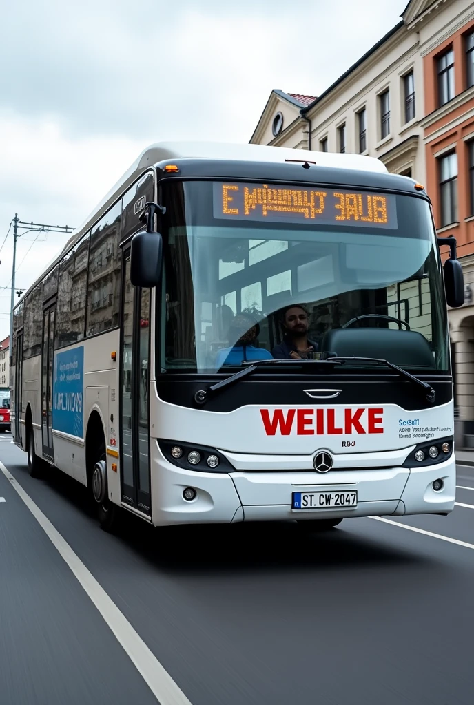 A white MAN lions city intercity bus with a blue ad on the side.on the front is a red writing WEILKE.the destination is R51 Lengerich über Greven🛫.The busplate is ST CW 2047.