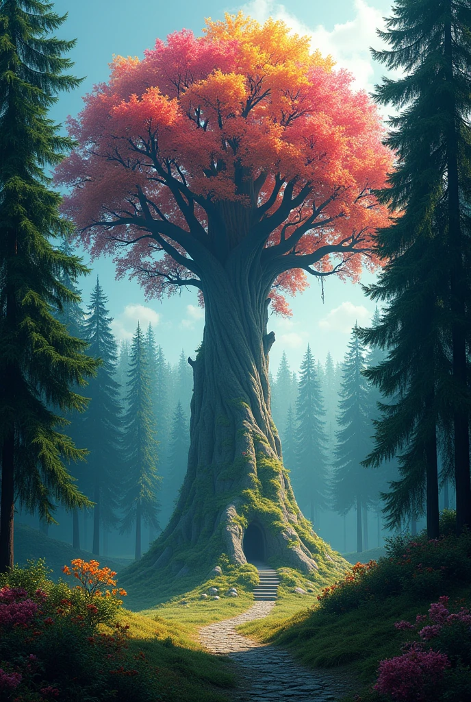 A pine forest, with a giant, colorful tree in the middle