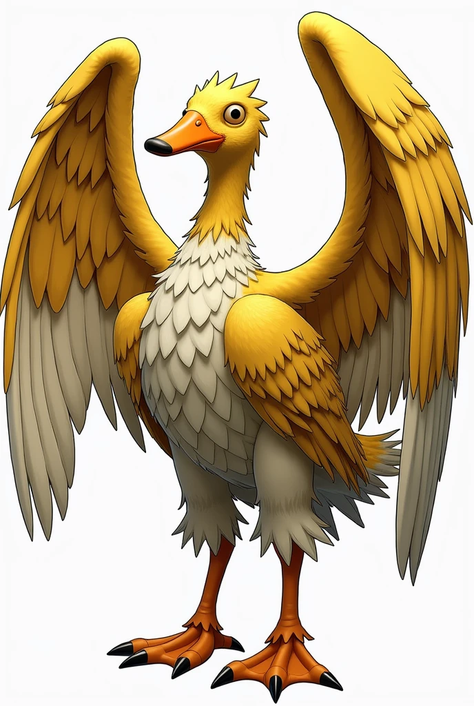 A One Piece character with huge wings instead of arms, bird legs in place of knees to feet. It has duck feather ornaments