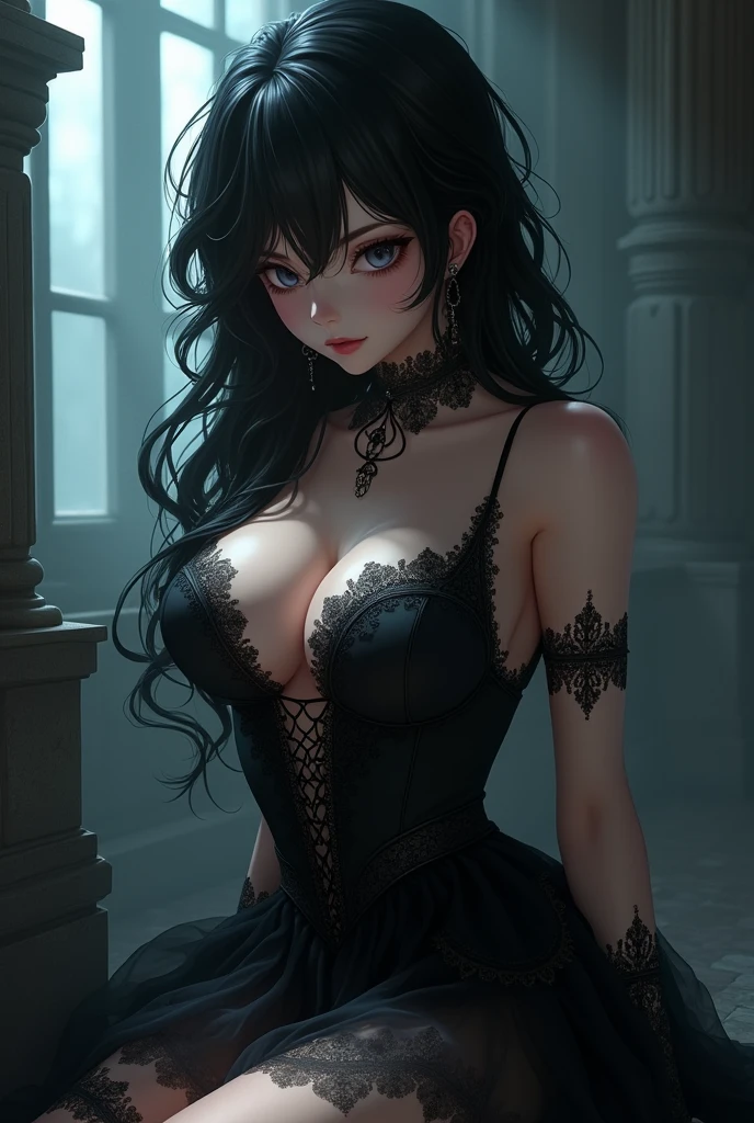 Gothic anime girl with her big tits out 