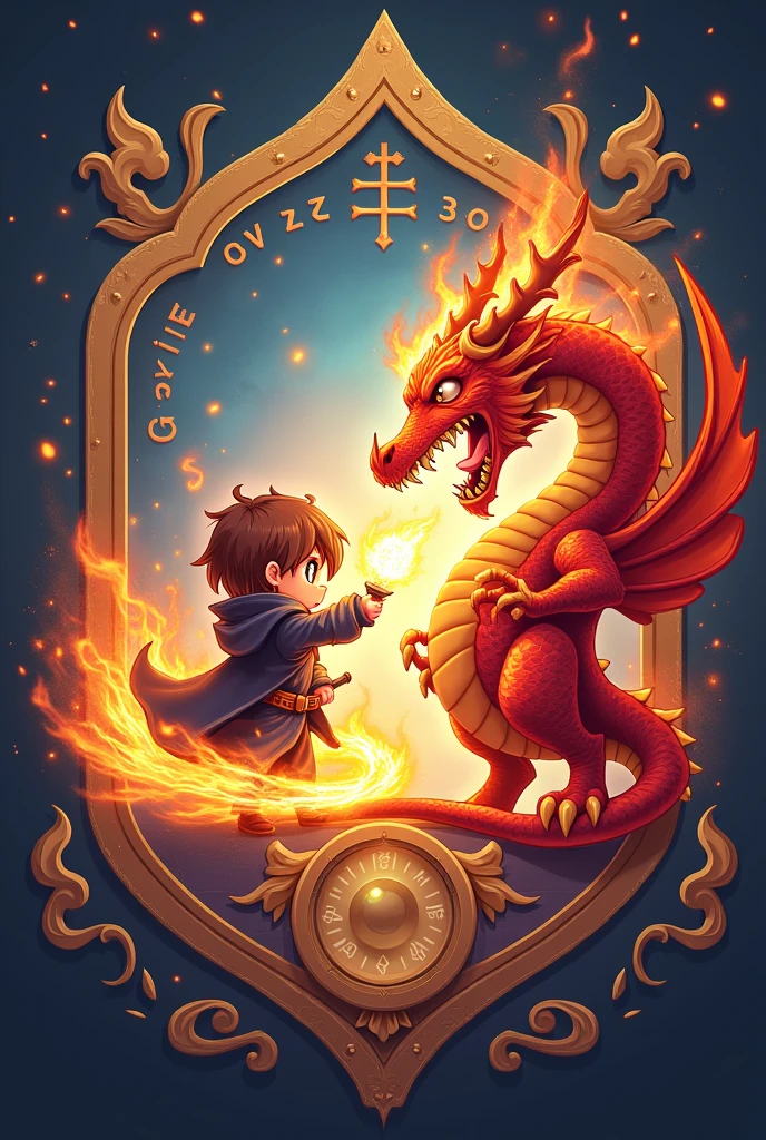maternity crest with Fire Mage fighting dragon in chibi style