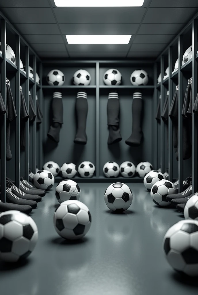 Create an image of a room full of soccer balls and socks with black coloring, like the room where the soccer players are, with more neutral colors.