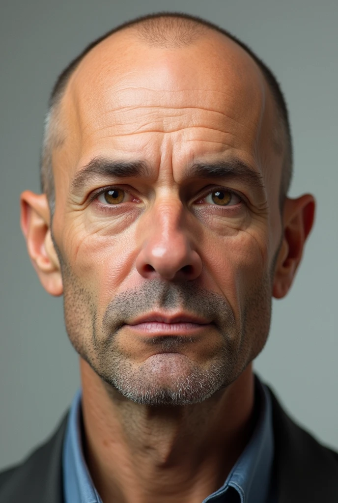 White man with thin face, round cheeks, small wide nose, brown eyes, no hair, low cut, thin eyebrows, no beard