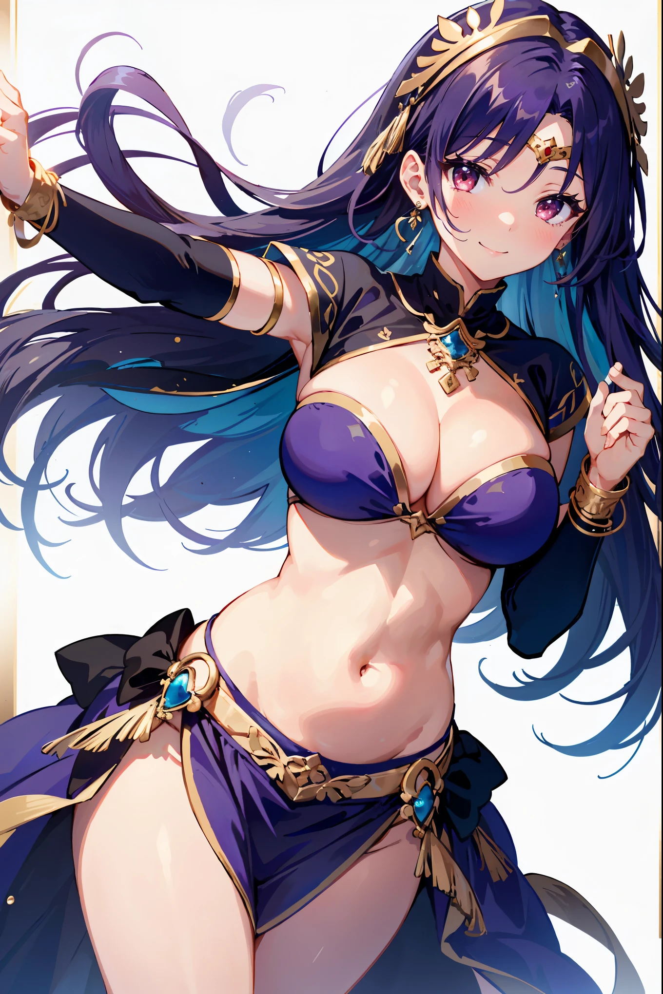 1girl, belly dancer, white background, red eyes, long hair, purple hair, harem outfit, bikini, pelvic curtain, purple costume, circlet, earrings, armlets, bracelets, bashful smile, dancing, large , cleavagstomach