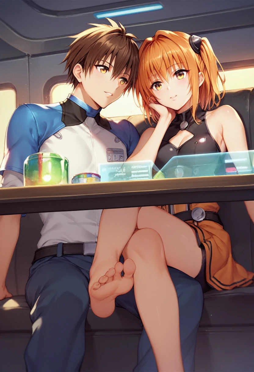 yuuki rito, yuuki mikan, to love ru, orange haired golden eyes male, dark brown haired golden eyed female, incest, brother and sister, date, interstellar restaurant, futuristic, highly advanced technological clothing, intimate, sci-fi, science fiction, she wears makeup and wears a stylish holographic dark dress, he wears a dashing suit, playing footsie under the table