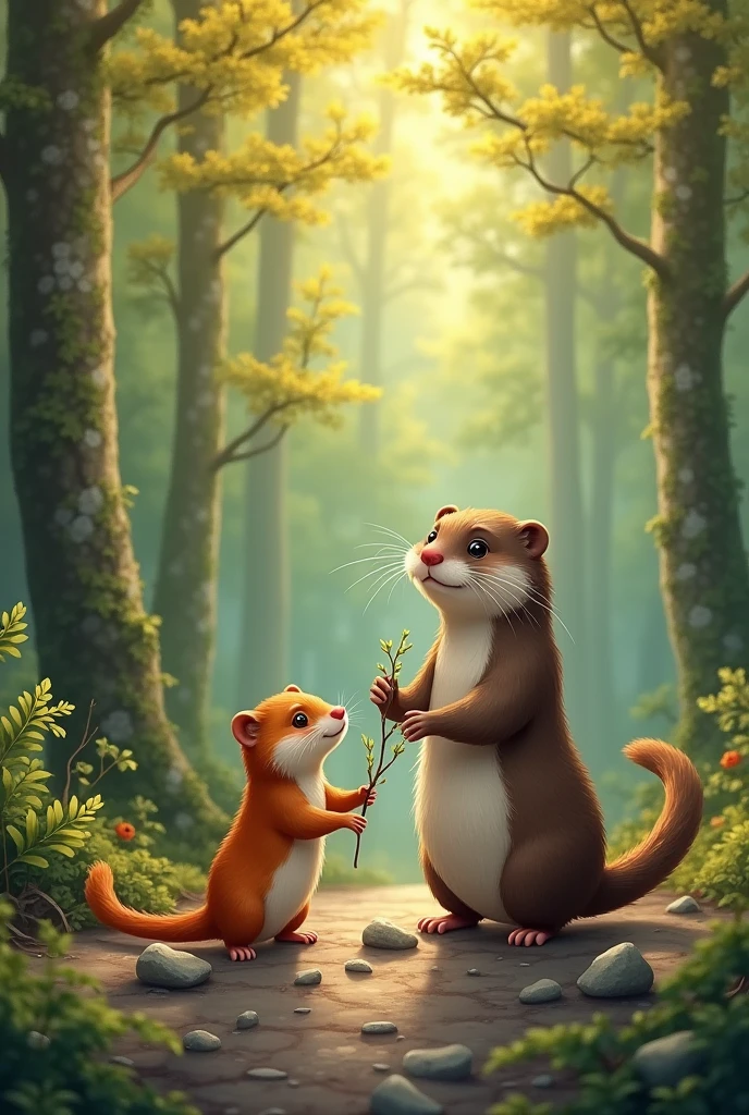 Hamster and an Otter collecting branches and stones in a forest full of bright colors.