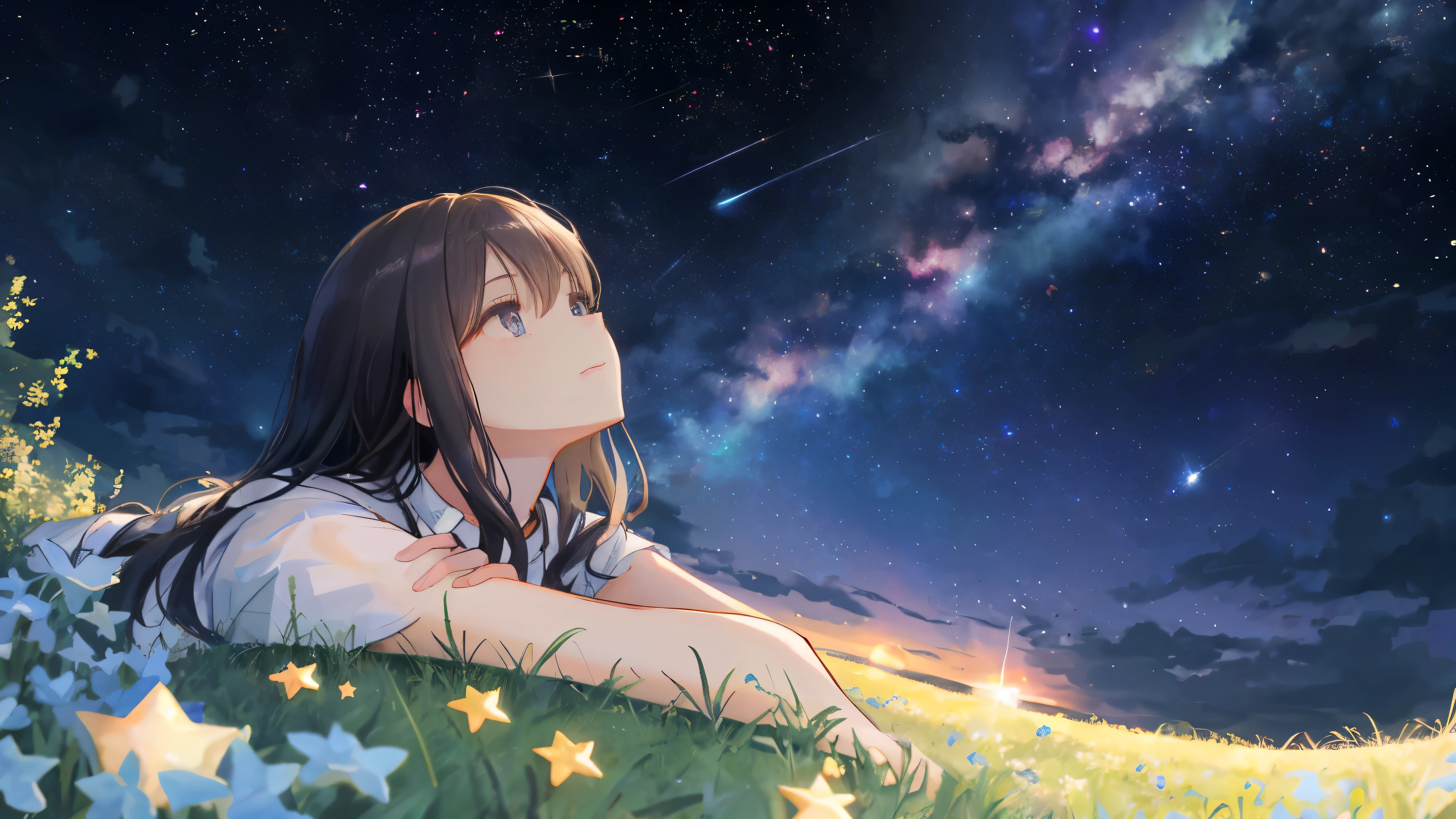 Describe the scene where a pretty girl is lying on a grassy hill..., Look up at the starry sky. Surround her with nebulae and her favorite constellations.