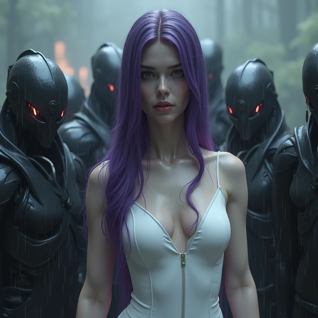 meeting with the mechanical elves overlords (([purple|black] hair)), long hair, white formfitting wet cotton dress, drenched wet fabric, heavy rain, hard nipples bump, see-through,  melancholic gaze at viewer,  (soothing tones:1.0), (hdr:1.25), (artstation:1.2), dramatic, evil MONOCHROMIC creatures COUNCIL behind HER, boked background, rule of third composition (intricate details:1.14), (hyperrealistic 3d render:1.16), (filmic:0.55), (faded:1.3)