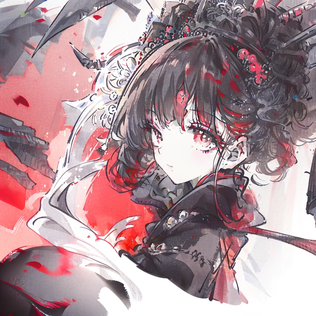Black eyes with red pupils,black and red hair with some crows flying around
