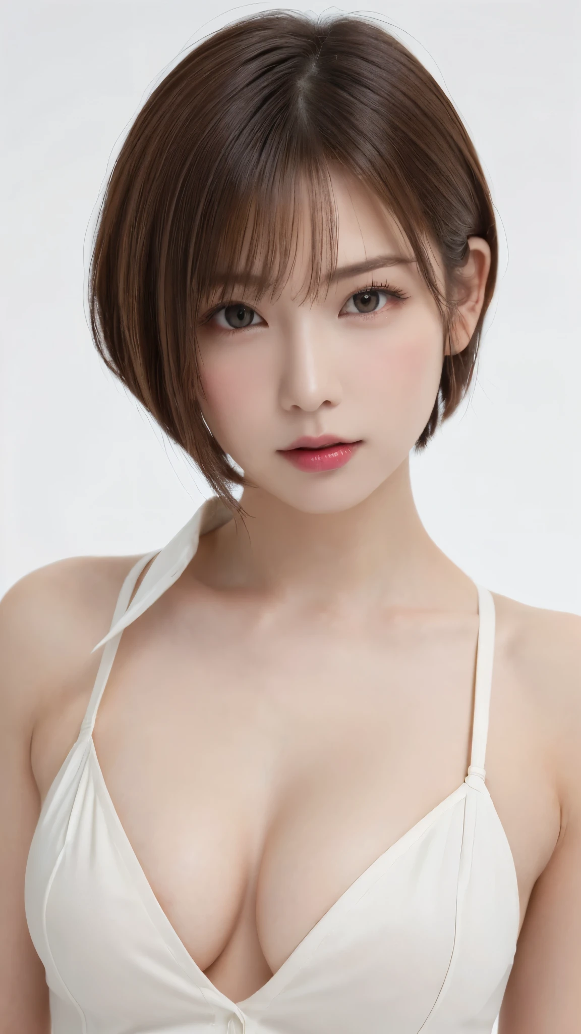 ((Close-up of face:1.6)、((naked and wearing a collared  shirt that doesn't fit:1.5))、((No underwear:1.5))、((Small, flat chest:1.7))、((small breasts like a girl:1.4))、((Short Bob Cut:1.4))、((Apply beautiful makeup:1.5))、(((amount、Small breasts、Round face、White blonde Hair、beautiful girl、blonde、White Background、cute、young、True Face、Shiny Hair、whole body)))、Tabletop, Highest quality, shape, Very detailed, finely, High resolution, 8k wallpaper, Perfect dynamic composition, finelyて美しい目, Deco Out,blonde, Medium Hair, Small breasts, Natural color lip,White Background, 