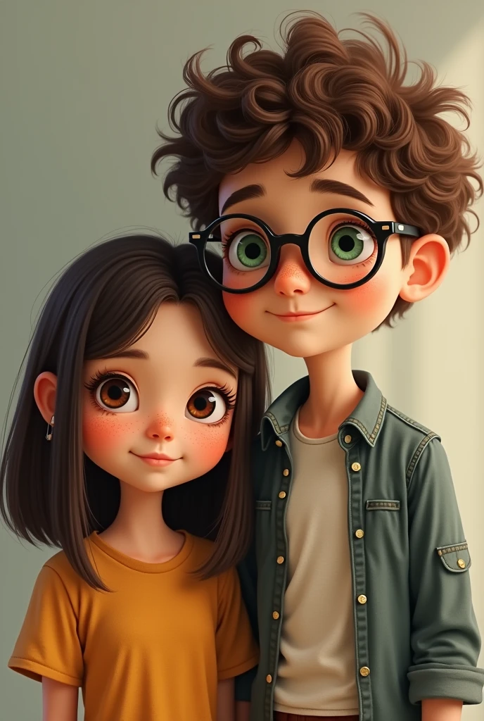 A TEN YEAR OLD with LONG hair reaching her waist,wavy medium curly and dark brown dark brown eyes brown skin 1,50 tall, wears black glasses and has a much older and taller brother than her, 1,75 IN TALL Wears dark blue glasses Chubby Very WHITE skin Short dark brown wavy hair Dark brown eyes