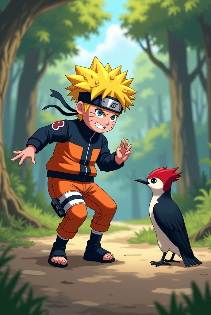 Naruto wearing a grated cheese headband, teaching the woodpecker to do somersault 