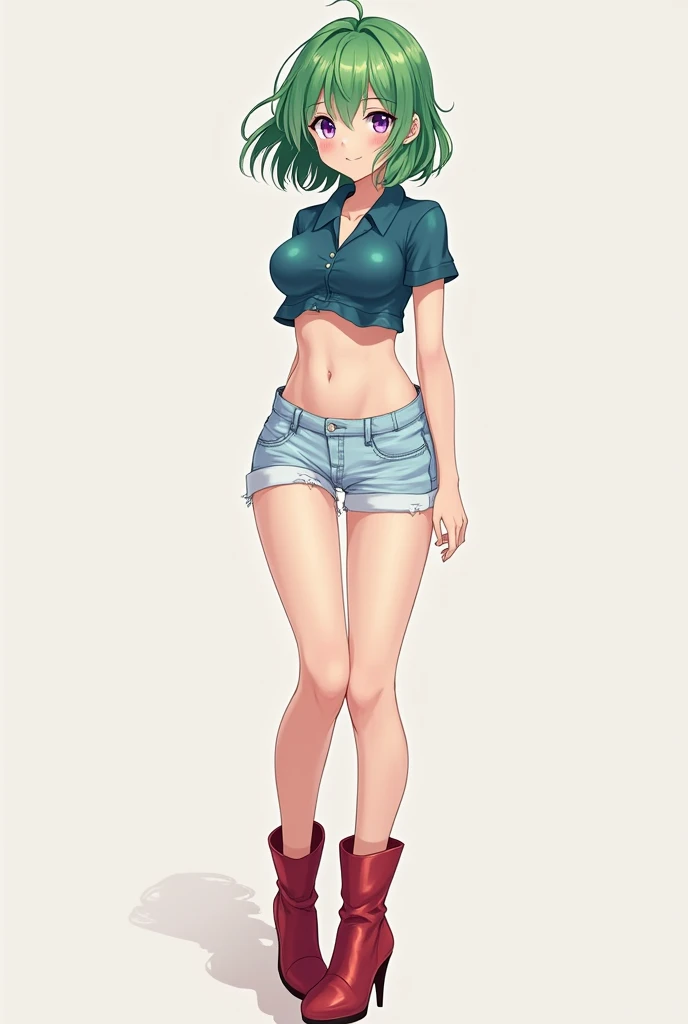Anime girl with a good body and small with a short polo shirt that shows her belly button and her breasts and red boots with high heels and a purple eye and green hair that is long but not so long, white hair and short shorts that are almost light blue and tight around her legs..