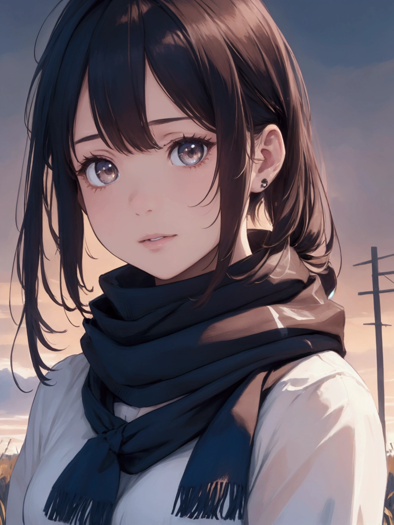 8k, Highest quality, masterpiece, Realistic, Very detailed, photo Realistic, Improvement of quality, Photo of a girl standing in a field wearing a scarf, designer'Dark and gloomy style, big chunks, Photobash, Calm face, Jagged Edges, navy, Natural Beauty, Close-up shot