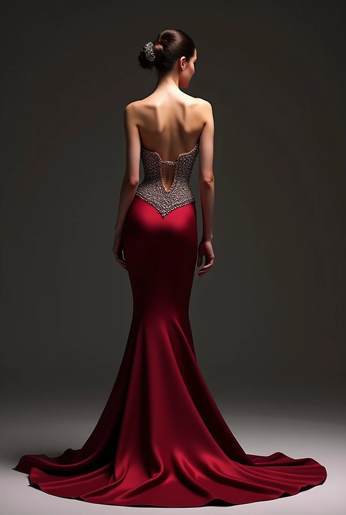 Design a dress with these references 1. **bare back**: The back of the dress is completely bare., with a neckline that reaches from the base of the neck to the waist. This gives a sleek and bold look..
2. **Front with Pebbles**: on the front, The dress is adorned with little stones or crystals that imitate the style of a corset.. The pebbles are arranged in a pattern that highlights the figure., creating a decorative corset effect that gives structure and glamour.
3. **Ducktail Type**: The skirt of the dress has a ducktail design, where it is shorter at the front and lengthens at the back, creating a dramatic and elegant silhouette.
This design combines the sophistication of a decorative corset with the boldness of an open back and the elegance of a ducktail skirt..