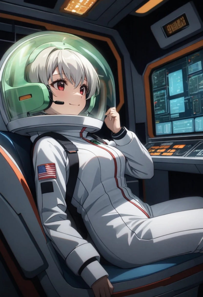 eva helm, spacesuit , astronaut), bubble helmet, space helmet, (1girl:1.1) wearing a (spacesuit:1.15), white cargo pants, (ugh, wtf do these buttons do:1.3), inside the cockpit of a (futuristic spaceship:1.1), sitting in the captains chair, (intricate control panels:1.3), (gleaming metal:1.1), surrounded by many buttons and dials and gauges, (confused:1.3), (worried expression:1.1), (nervous:1.1), concerned, beautiful 8k wallpaper, highly advanced, (sleek design:1.3), intricate, highres, superb, 8k wallpaper, extremely detailed, intricate, short hair, from side, smile, full body,headsets:1.5), from above, white hair, red eyes