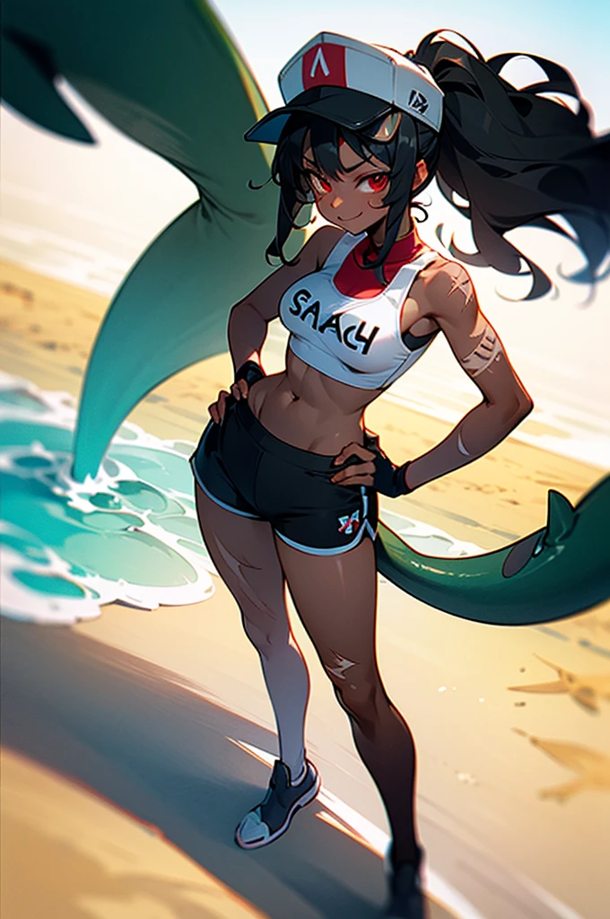 (masterpiece), best quality, expressive eyes, perfect face, ((solo))  (1woman) ((black tail)) ((huge tail)) ((scars on tail)) ((beach lifeguard cap))
1woman: shark girl, black wavy hair, red eyes, long hair, ponytail, beach background, (dark skin), black hair, (scars on body), medium bust, toned body, smirk, black shark tail, standing, hands on hips, in front of viewer, looking down at viewer, bottom view, red top, black shorts