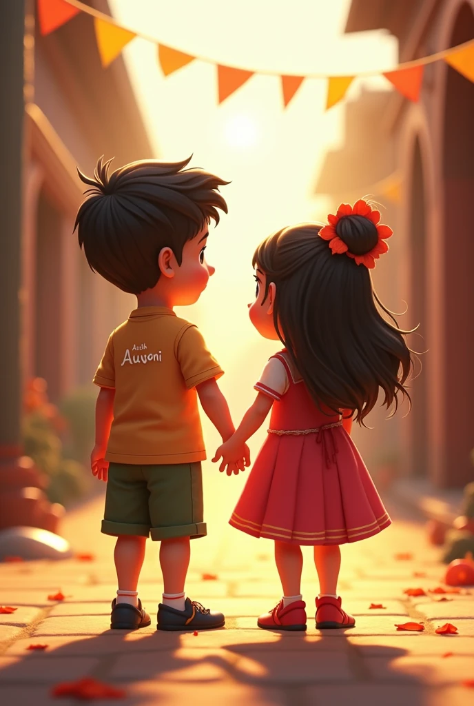 A boy and a girl holding hands on 15th August and Atul is written on the boy's back and Shivani is written on the girl's back