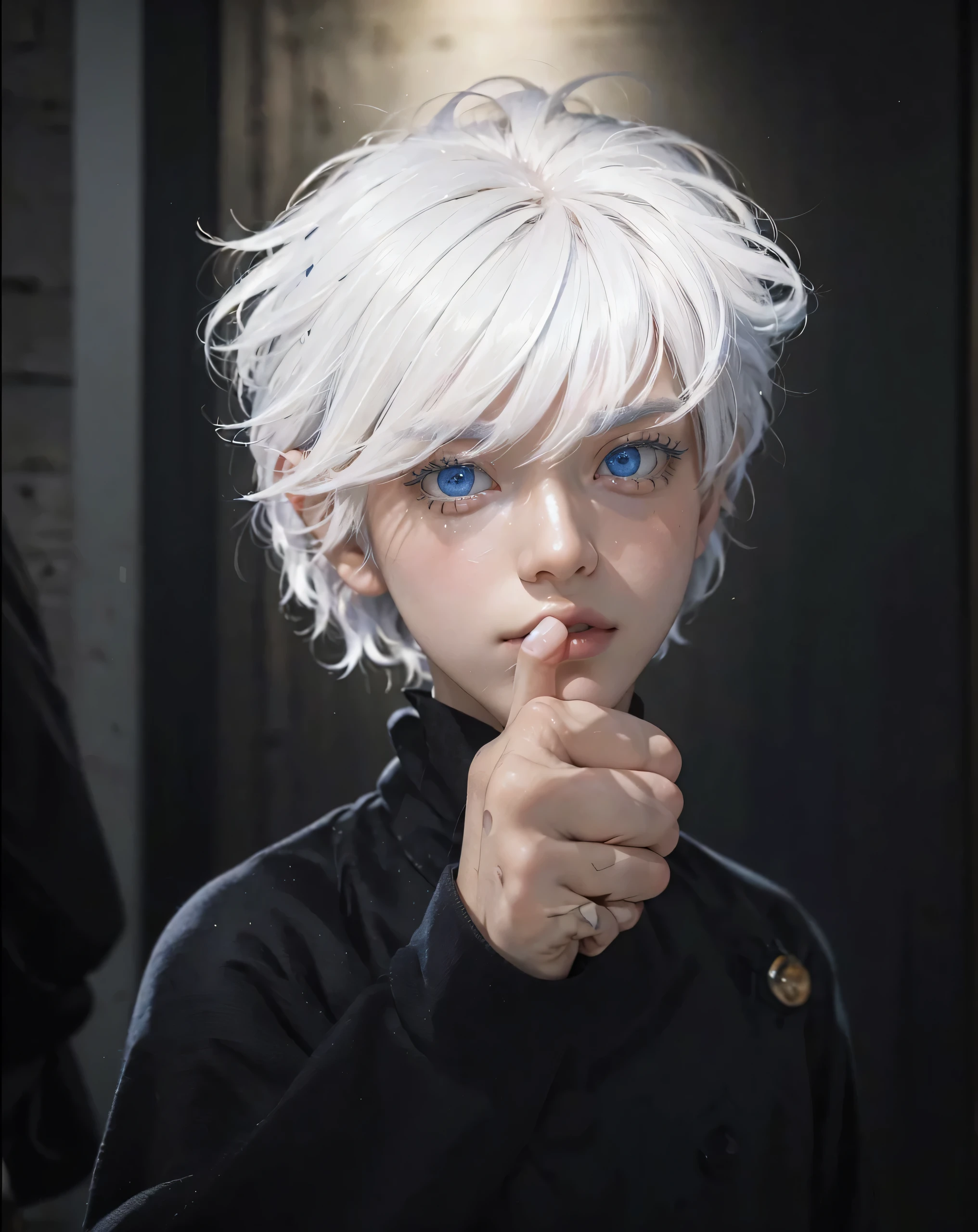 ( GOJO SATURO_JUJUTSU NO KAISEN),((realistic, photorealistic)),(highlight hair)), Light reflection, (( HD )),((upper body)), (((best quality, masterpiece))), (masterpiece) (best quality) (detail) (8k) (HDR) (wallpaper) (cinematic lighting) (sharp focuasterpiece, best quality: 1.1), Real life adaption of this character, realistic outfit, realistic shadow, realistic light, realism, hyper realistic, realistic background,realistic hair,(photorealistic:1.2), (masterpiece: 1.2), (best quality: 1.3), (clear details: 1.3), ((((ultra-detailed)))), ((detailed eyes)), (extremely detailed face:1.4), (highly detailed eyelash:1.6), Ada_re4, (sitting),(beautiful face:1.5), (Masterpiece, Top Quality: 1.2), (((satoru gojo, white hair, blue eyes, white eyelashes, white skin))), 1boy, simple background, smileIncrs404,english text,Written On Clothes,1male,portrait,satoru gojo,white hair,short hair,hair between eyes,blue eyes,colored eyelashses,(thumbs_up:1.4),(cowboy_shot:1.3),Shibuya station background,Stabbing the body