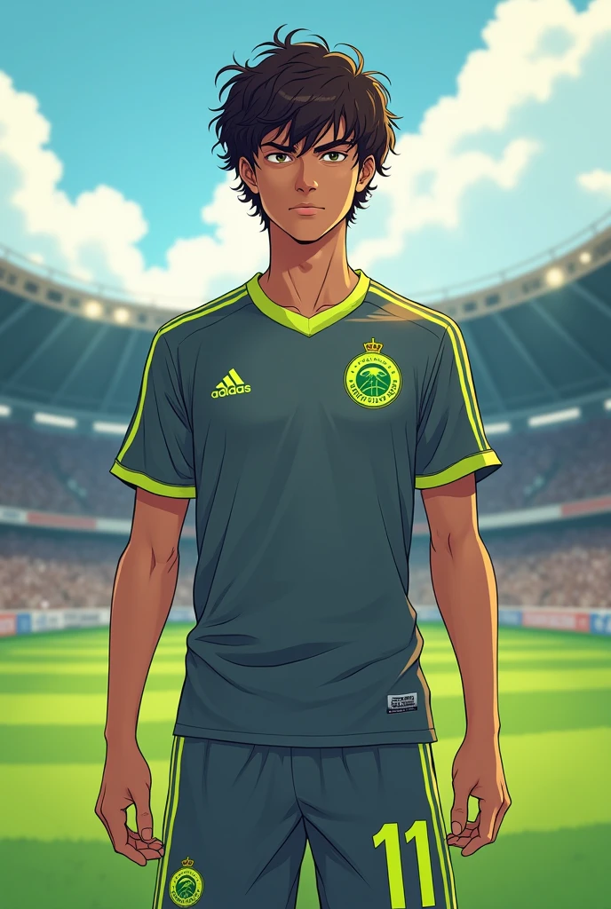 Un jeune footballeur pleins de rêves et d'espoir. He has brown eyes, Curly hair, he is medium sized and thin. He is French. He is number 11. He plays with a gray jersey with fluorescent green stripes on the sides only.. Le short est pareil. The team logo is a green circle with a crown above it. (green too) inside the circle there is a green mountain.
Dans le style manga