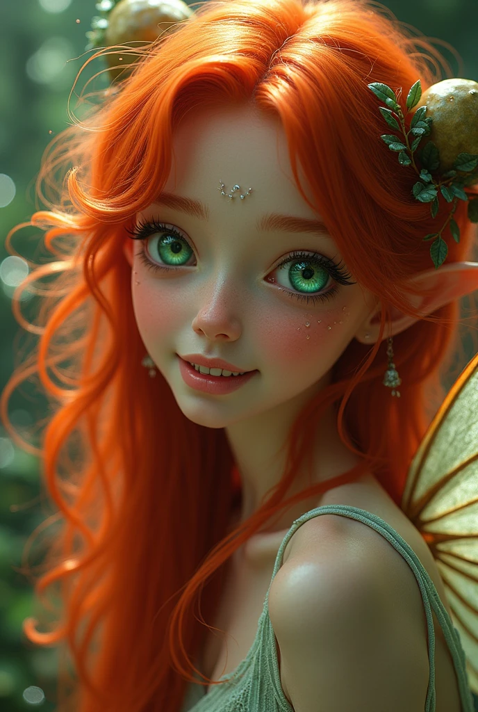 Fairy girl, radiand red hair, emerald green eyes, smile with realistic sharp teeth