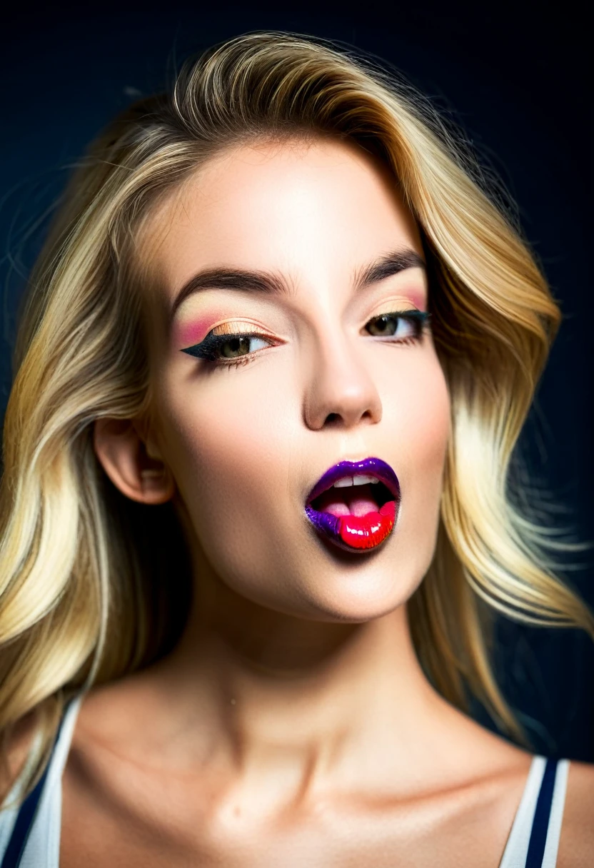 A photorealistic image of a beautiful blonde female licking her lips seductively with a focus on vibrant, high-contrast lighting and saturated colors. The woman should be captured against plain backgrounds with direct, even lighting to emphasize facial features and expressions. Use a mix of playful and confident poses, capturing a sense of energy and personality. The photo should have a crisp, sharp quality with minimal shadows and a slight grainy texture to add character. The overall aesthetic should convey a modern, lively, and dynamic feel, reminiscent of high-fashion editorial shoot
