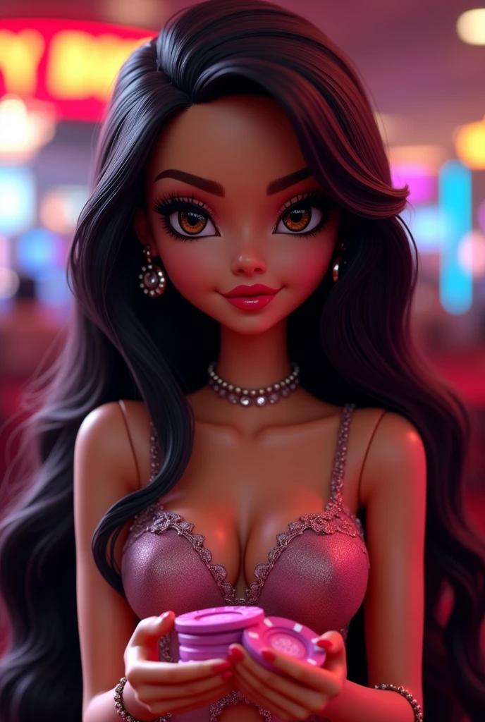 In the foreground a beautiful Bratz-style girl with casino chips in her hands. She has black hair and brown eyes. She can be seen full-length and looks straight ahead.