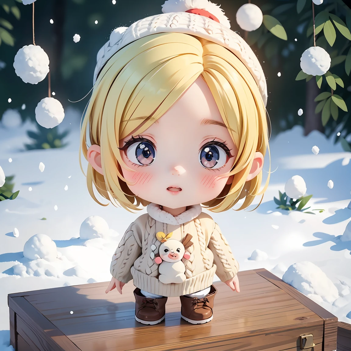 Super Chibi Character：1.8、Blonde Hair、Cute 7 year old girl、Knitted sweater、Wearing cute boots、Super Chibi Character：1.8、Breathing white breath、seems cold、Snow Scene、Making a snowman、Cute knitted hat