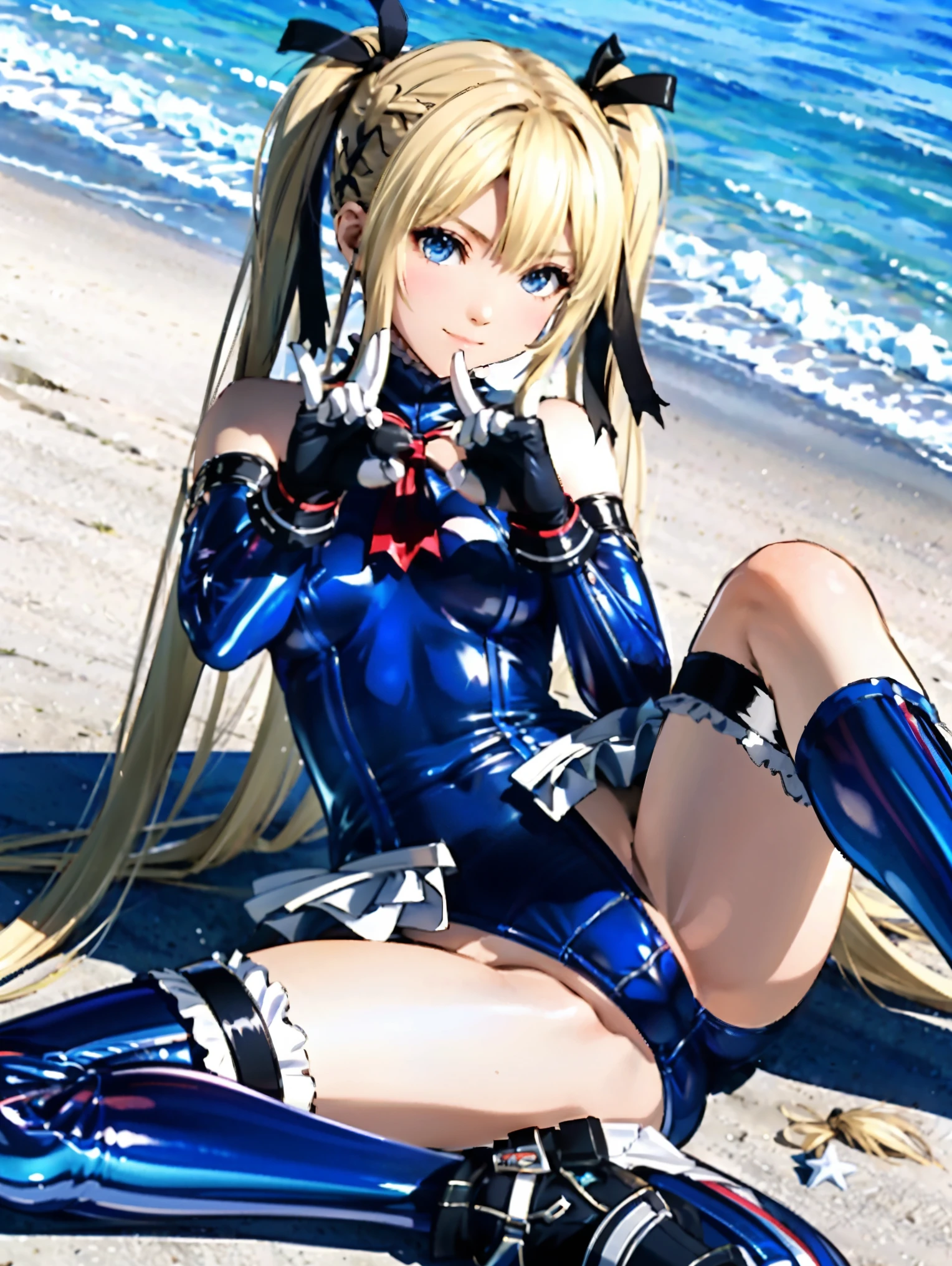 ((Highest quality,Extremely detailed CG Unity,32K)), (( Professional quality,Perfect photo, Ray Tracing, Perfect volume lighting )), ((Hyper Detail,Intricate details))((Masterpiece)),眩しいハイライトが入ったプラチナblondeの髪、Shiny bright hair,、Shiny beautiful bangs、Sparkling, clear, attractive big blue eyes、A very beautiful, lovely and cute 16 year old girl、(((((Hola, A tight fitting shiny patent blue swimsuit)))((Camel Toe),(Frilled swimsuit, Knee socks, Removed sleeve), ,(White fingers:1.1,Black gloves),(((blonde))),(Very long hair:1.6),Twin tails、Beach cove background、High kick pose,(Spread your legs:1.1)