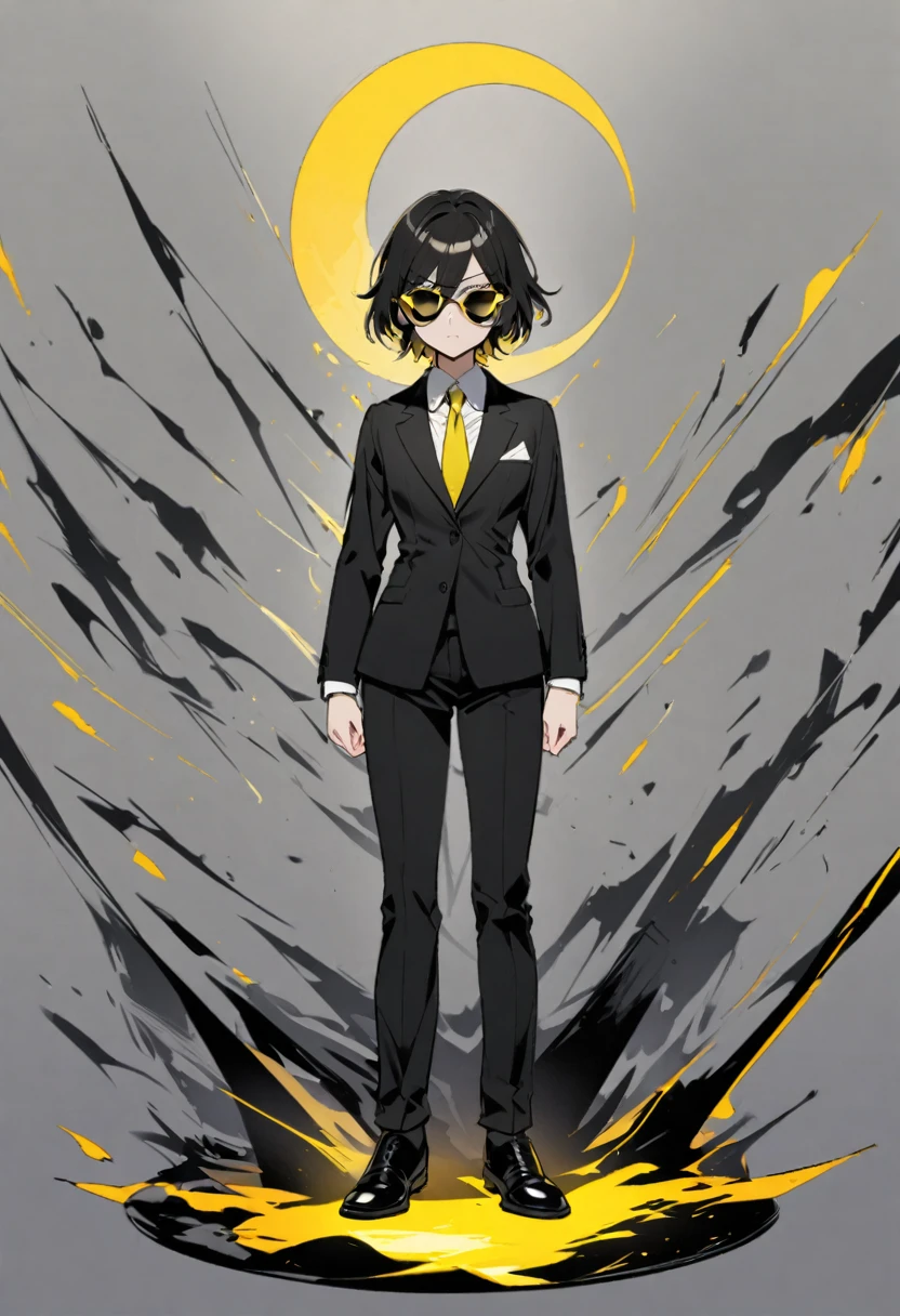 women, 26 years, Androgynous appearance, short hair hasta los hombros de color castaño claro con un flequillo mucho más largo que cubre el lado derecho de su rostro y ojos vacíos de color amarillo. He wears an elegant black male suit, half moon glasses, Shows an intimidating attitude and a sharp look, solo girl, Whole body, short hair.