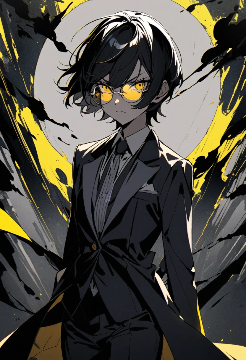 women, 26 years, Androgynous appearance, short hair hasta los hombros de color castaño claro con un flequillo mucho más largo que cubre el lado derecho de su rostro y ojos vacíos de color amarillo. He wears an elegant black male suit, half moon glasses, Shows an intimidating attitude and a sharp look, solo girl, Whole body, short hair.