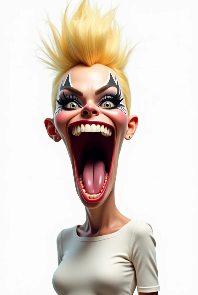 Caricature of a woman, blonde mohawk haircut , wearing kiss make-up, big mouth shouting,white shirt, white background