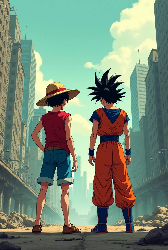 Anime style depiction of 1boy, 2boy standing in a post apocalypse city, BREAK, 1boy, Luffy from One piece, straw hat, red sleeveless shirt, blues jeans shorts, a scar under his left eye, BREAK, 2boy, Goku from Dragon ball wearing orange gi with a blue undershirt, wristbands, and boots, BREAK, Background of a dystopian city is a sprawling, decaying metropolis shrouded in smog, with towering, crumbling skyscrapers