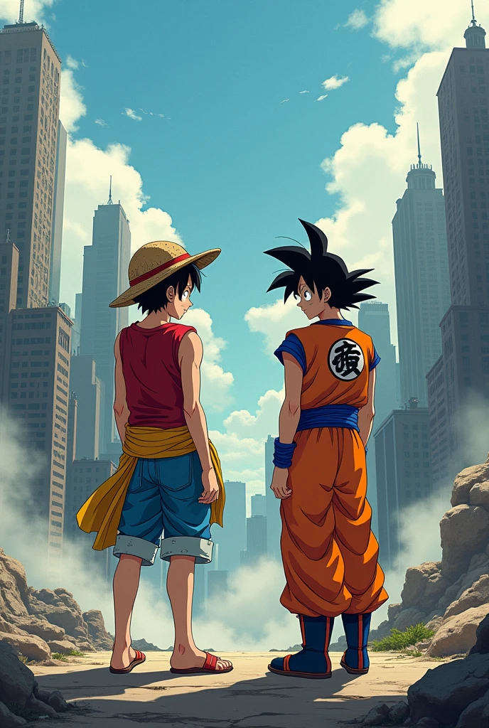 Anime style depiction of 1boy, 2boy standing in a post apocalypse city, BREAK, 1boy, Luffy from One piece, straw hat, red sleeveless shirt, blues jeans shorts, a scar under his left eye, BREAK, 2boy, Goku from Dragon ball wearing orange gi with a blue undershirt, wristbands, and boots, BREAK, Background of a dystopian city is a sprawling, decaying metropolis shrouded in smog, with towering, crumbling skyscrapers