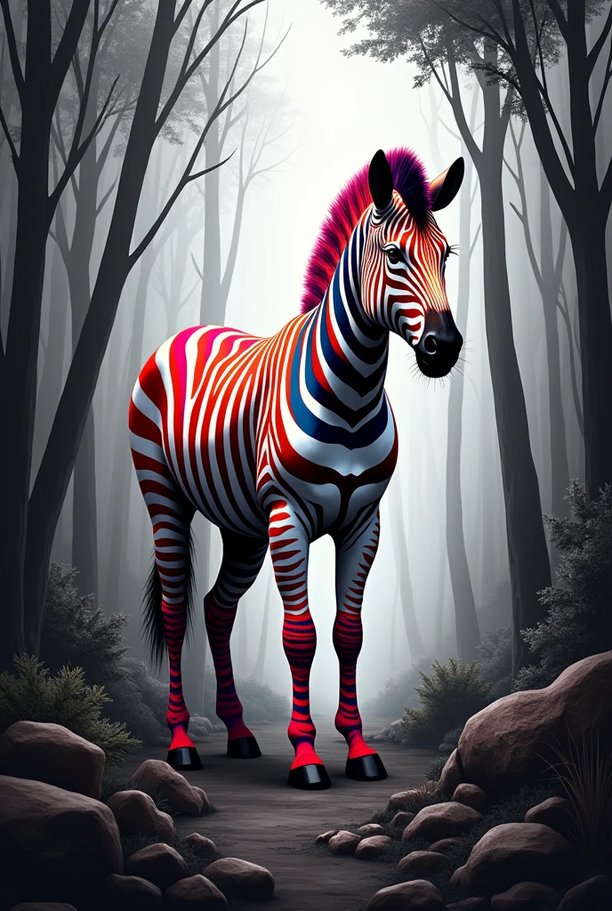 A colorful zebra in a black and white forest