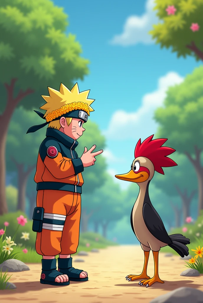 Naruto wearing a grated cheese headband, teaching the cartoon character woodpecker how to do a somersault