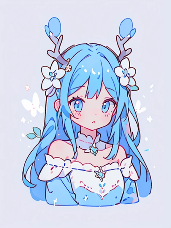 1girl, long blue hair, deer ears, white deer antlers, butterfly hair ornament, blue flower, elegant white off shoulder dress, splash background, image resolution 1024px, solo, sketch, portrait, simple background