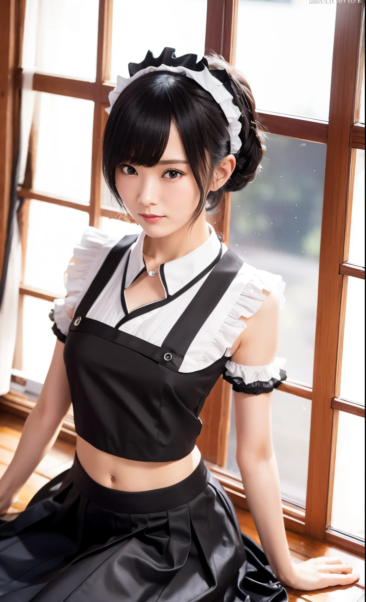 best quality, tmasterpiece,Ultra-high resolution,Clear face,(Reality:1.4),ferpect lighting,(upper body shot), (photorealistic:1.50), anime wallpaper, Guviz style artwork, cover-up fantasy up to magic , by Yang J, Guviz, beautiful artwork illustration, beautiful digital artwork, beautiful digital illustration, Li Song, beautiful anime portrait, art style in Beauvot,tokisaki kurumi, black hair, (low twintails), (hair above one eye:1.7), (red eyes:1.2), (small breasts:1.2), BREAK blush, smile, thighs, bow, ribbon, frills, apron , white upper thigh, wrist cuffs, maid, maid headdress, garter strap, BREAK looking at the audience, BREAK indoors, (maid dress:1.3), Bare shoulders, Bare arms,