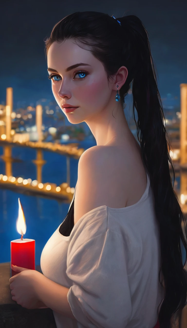 skini girl, red t-shirt , (((((pale skin)))))), blue eyes, white girl, deep black hair, ultra realistic, , large breast, (((huge breast))), ponytail hair, candle lights, (Vista nocturna de la ciudad, Balcón moderno :1.1)