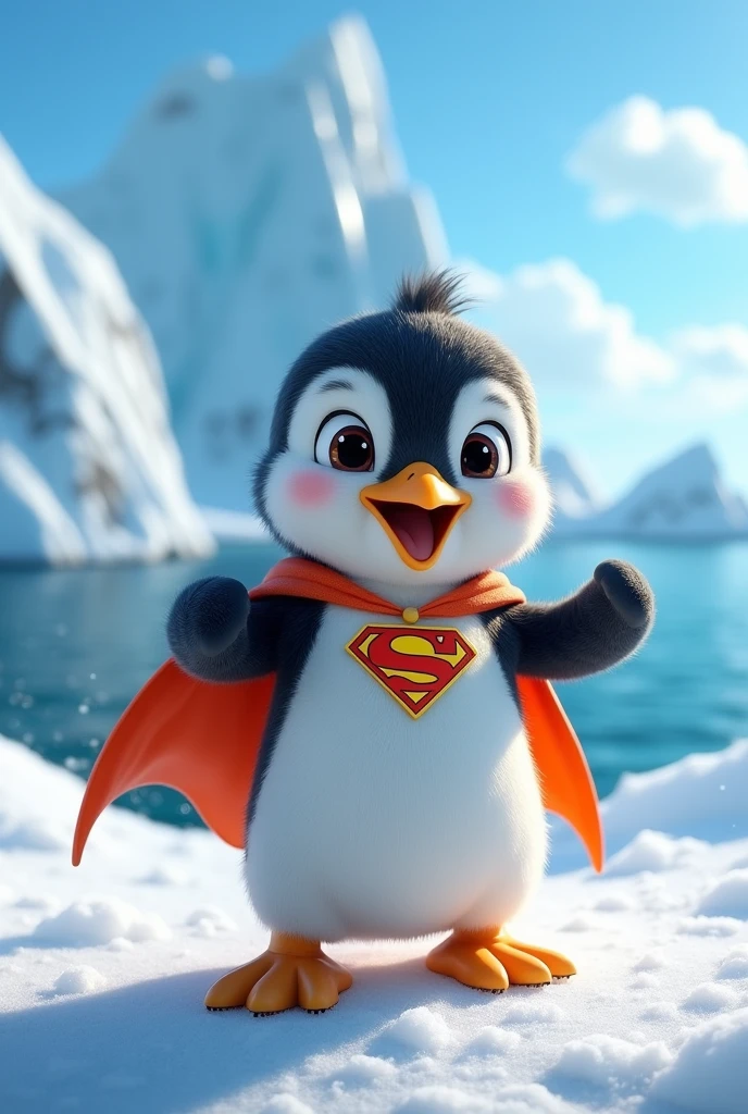 Baby penguin who is like a superhero and is super happy in Pixar style 

