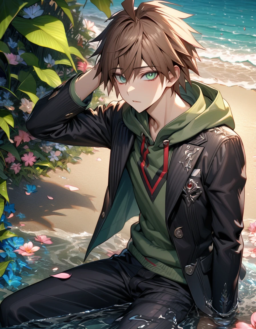 Ultra detailed, HDR, Highres, absurdres, master piece, Naegi Makoto, brown hair, expressive teal eyes, black jacket, green hoodie, Danganropa, sexy man sitting, handsome, flowers, petals, fantasy, magical, green leaves, handsome, best quality, glittering, water, beach, solo, black pants,
