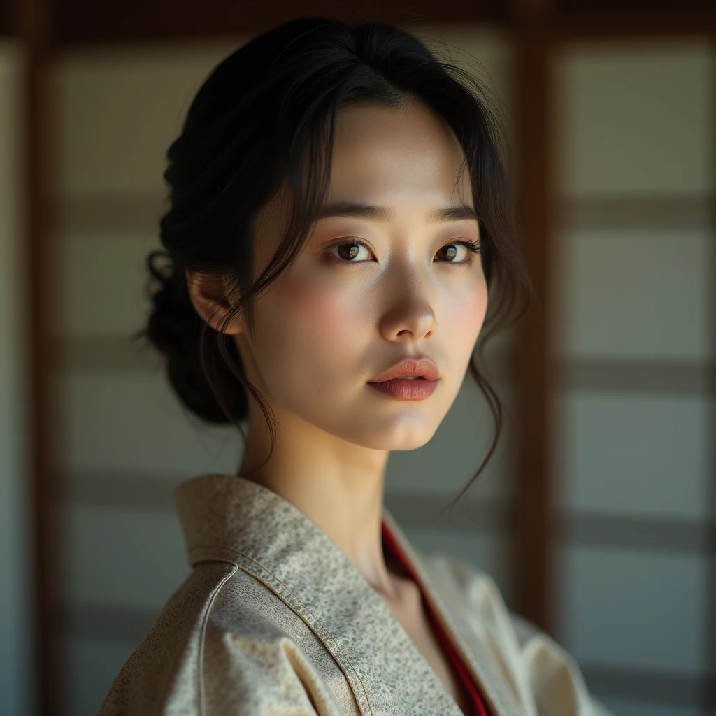 An elegantly dressed Japanese woman in natural light、A close-up of her chest and calm expression.、It shows her inner peace and outer charm.。