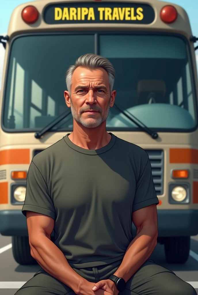 A 37 years old man, a bit dark skin, height is nearly 5.7 fit,whose hairs are gone in center, wearing a t shirt and a track suit and sitting in a front of a bus which name is daripa travels