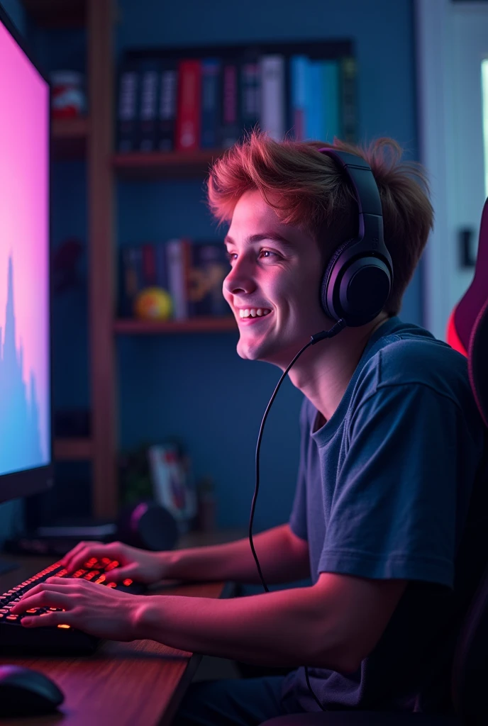 playing a game、young boy full body gaming computer、2Monitors、dark room、wearing headphones、gray hair、A sly smile、night room、gaming keyboard、Gaming Mouse、gaming pc、facing this way、white hair、silver hair、暗いnight room、Rainbow LED keyboard、Colorful LED keyboard、Colorful LED Mouse