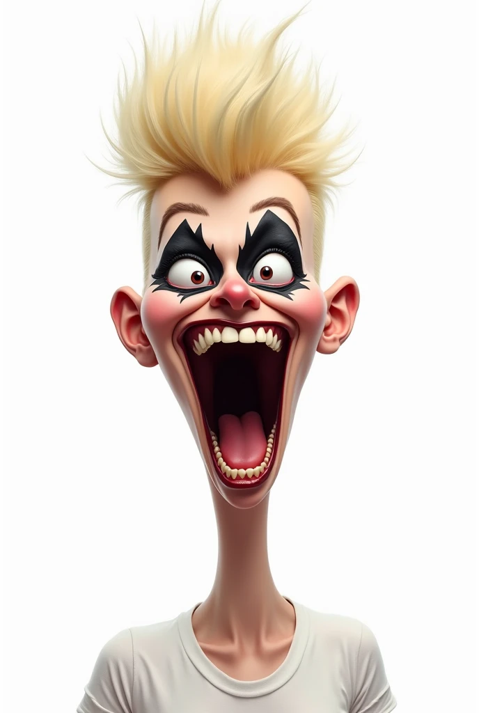 Caricature of a woman, blonde mohawk haircut , wearing kiss make-up, big mouth shouting,white shirt, white background