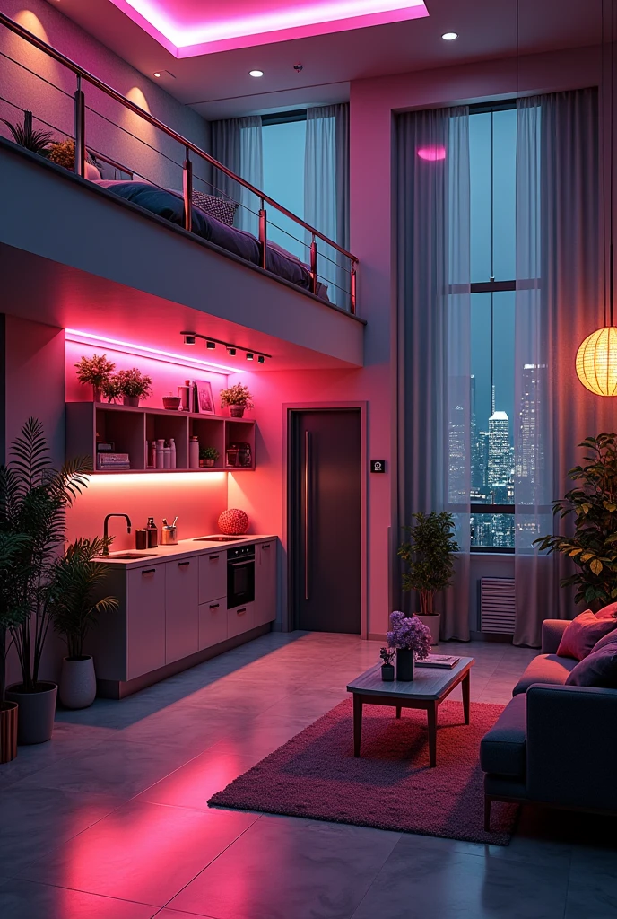 Apartment Interior, studio apartment, kitchen, bathroom, bedroom, living room, loft bed, neon lights ,art deco design，streamline moderne, Abstraction，art deco style，Luxury and Luxury，Future night view，Futuristic decorative elements，Metallic，number line，sci-fi lamp，Virtual Engine，Unreal rendering, neon lights, greenery, balcony
