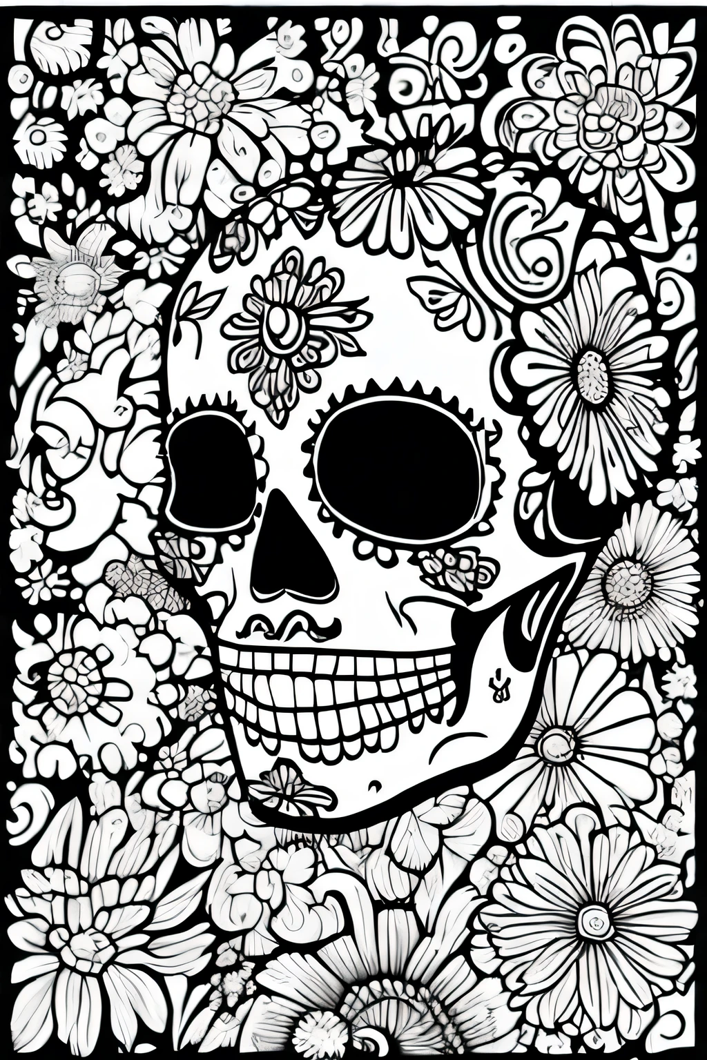 Black and white, (coloring book), (line art), drawing of an Altar Mexico for Día de los Muertos, thick lines, attractive design, festive details including flowers, mustaches, sombreros, intricate patterns, cultural elements, suitable for coloring, engaging and lively composition, emphasis on traditional motifs, outline suitable for all ages, creative and decorative style.