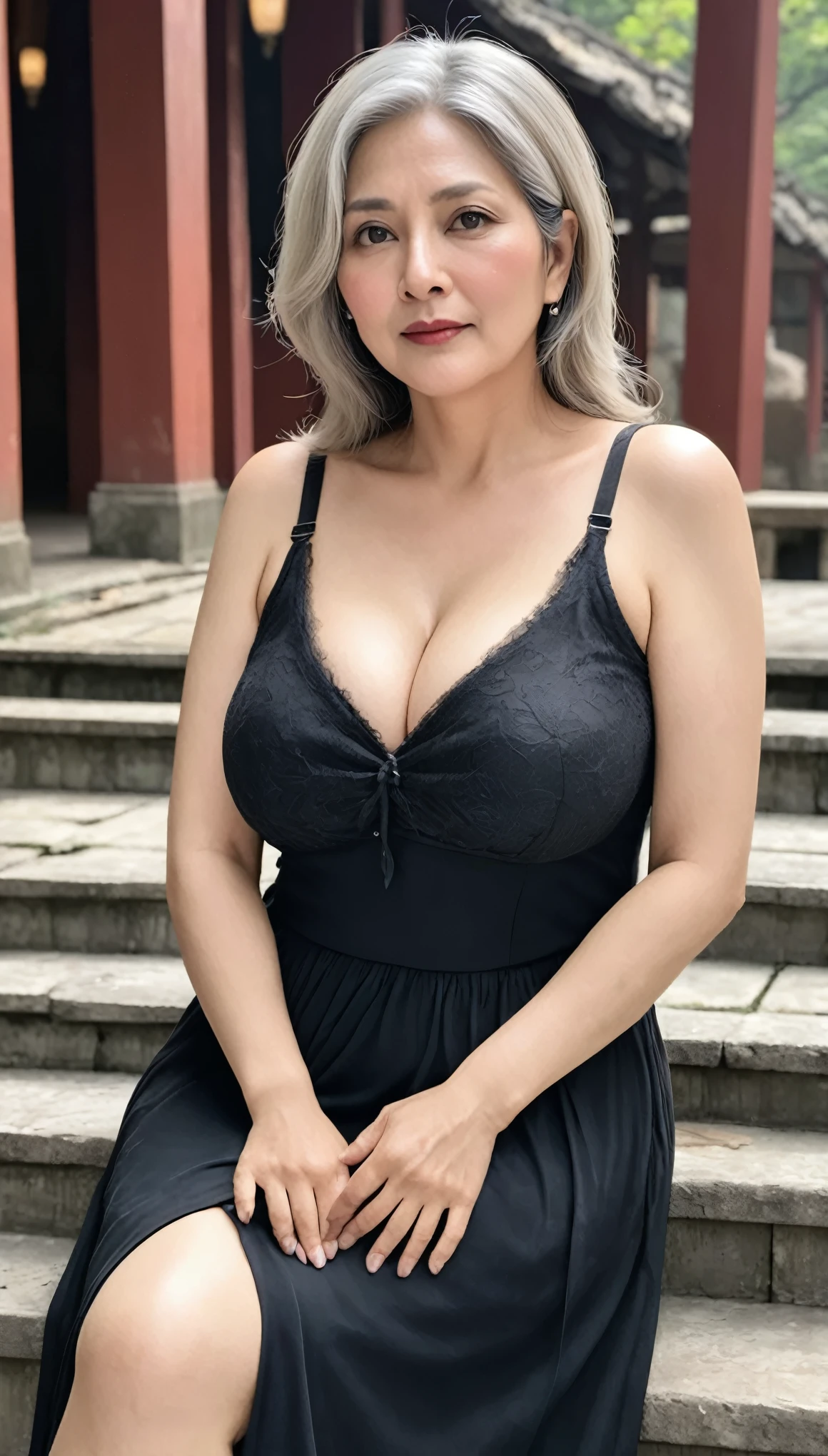 ((Very realistic))、Delicate and precise expression、50 year old indian witch、Fluffy blonde、(Chubby body type)、(((Very large breasts)))、Big cleavage、Deep neckline、(((A witch who lives in the ruins of a very old temple..)))、Very sexy middle-aged witch、【she&#39;She&#39;s wearing very sexy clothes】。