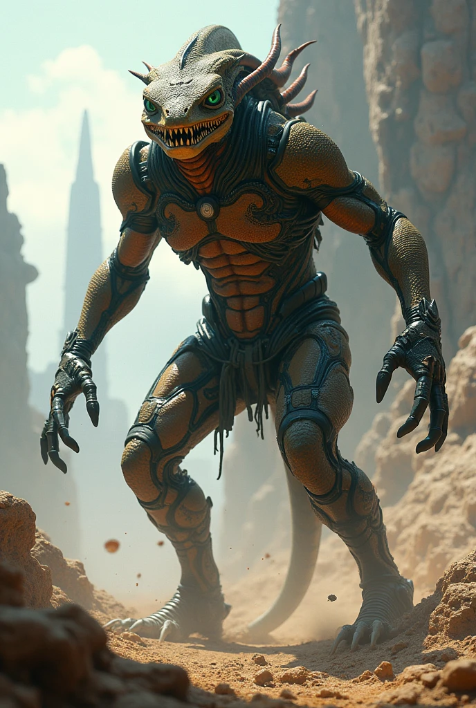 Brown alien being with a lizard-like face and tall stature in combat with a space war suit.